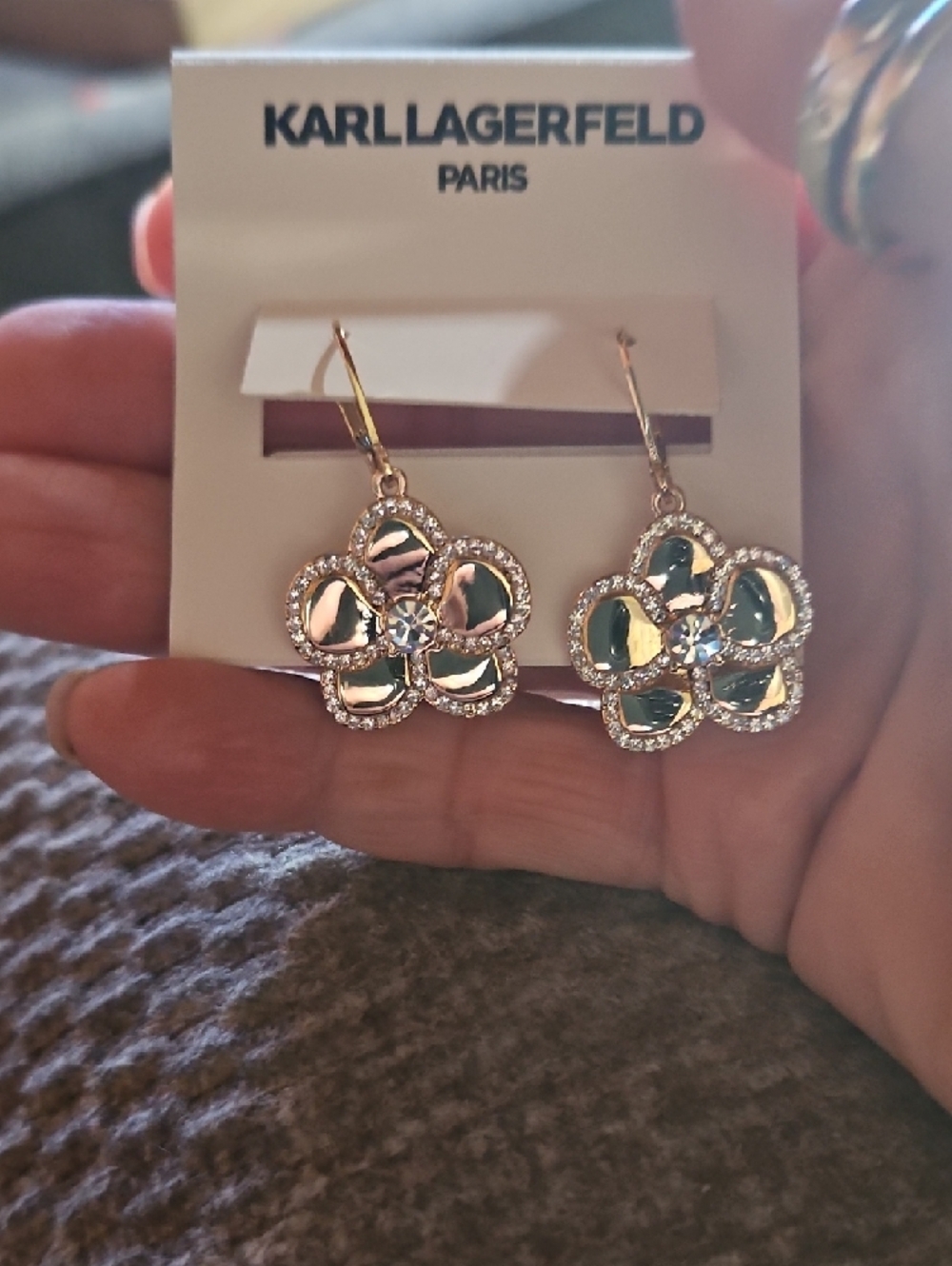 Karl Lagerfeld Gold Orchid And Crystal Drop Earrings - Picture 7 of 9